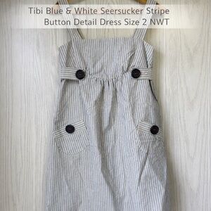 Tibi Blue & White Seersucker Stripe Button Detail Dress Size 2 NWT